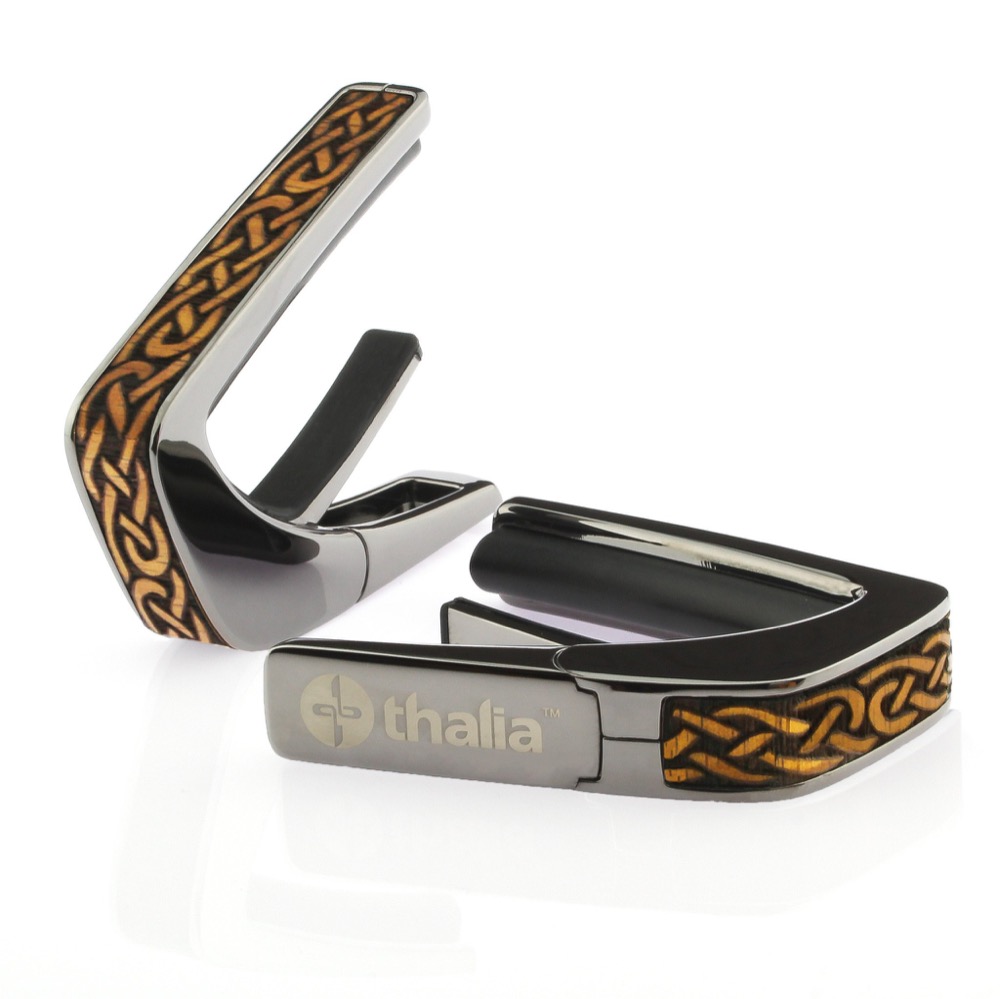 Thalia Capo 200 in Black Chrome Finish with Hawaiian Koa Celtic Knot Engraved Inlay カポタスト