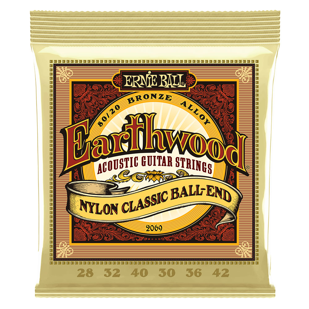 ERNIE BALL 2069 Earthwood Folk Nylon, Clear & Gold Ball End, 80/20 Bronze 28-42 Gauge クラシックギター弦