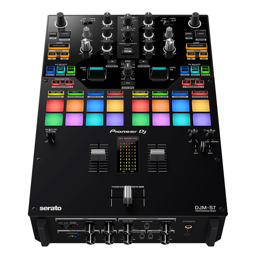 Pioneer DJ DJM-S7 DJミキサー プロフェッショナル向け スクラッチスタイル 2ch パイオニア 斜めからの画像