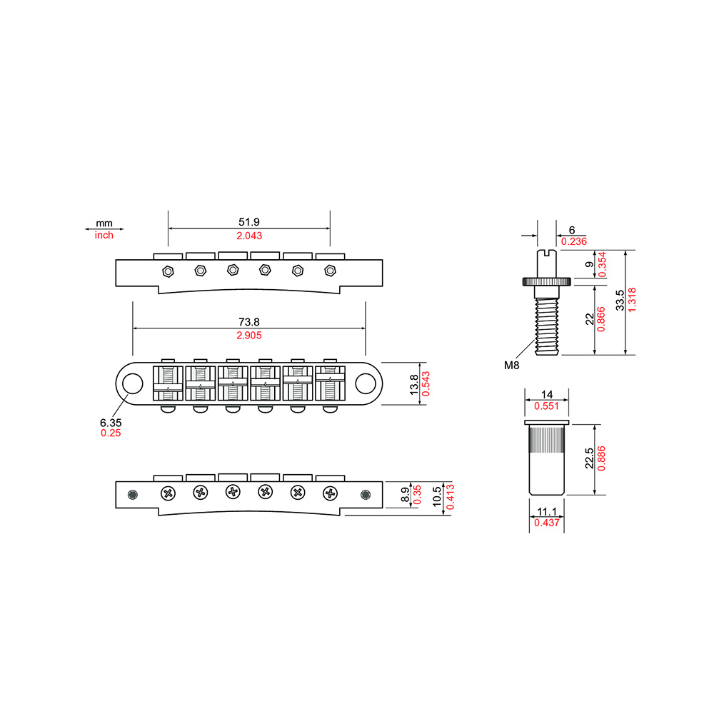 TonePros T3BT-SG Metric Tuneomatic サテンゴールド ギター用ブリッジ 寸法図