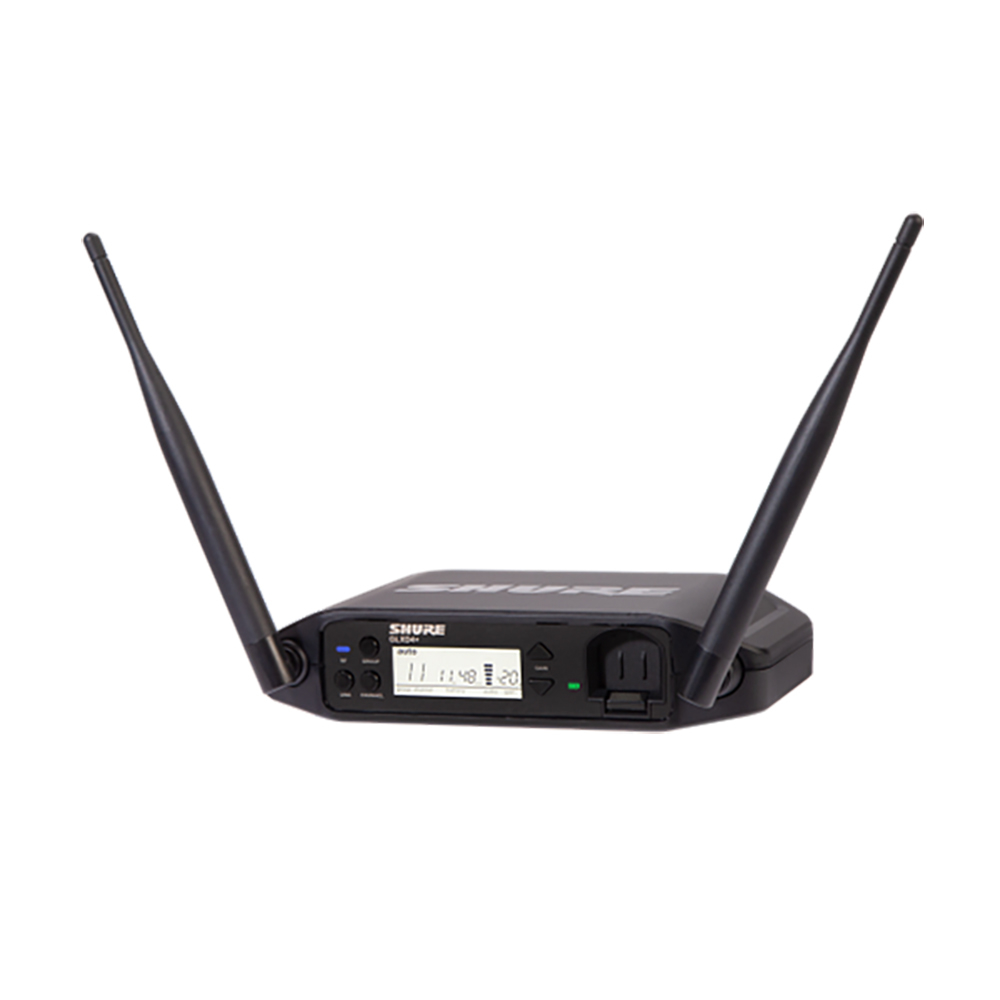 SHURE GLXD24+J/SM58-Z2 ボーカル用ワイヤレスシステム 2.4GHz帯 ハンドヘルド型送信機 テーブルトップ型受信機 受信機斜めアングル画像