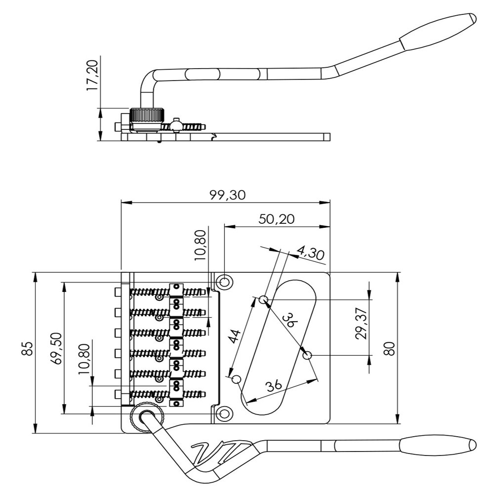 Vega-Trem ベガトレム VT2 Teletrem classic with VT Logo arm テレキャスター用ブリッジ テレキャスターをトレモロ仕様に 寸法図