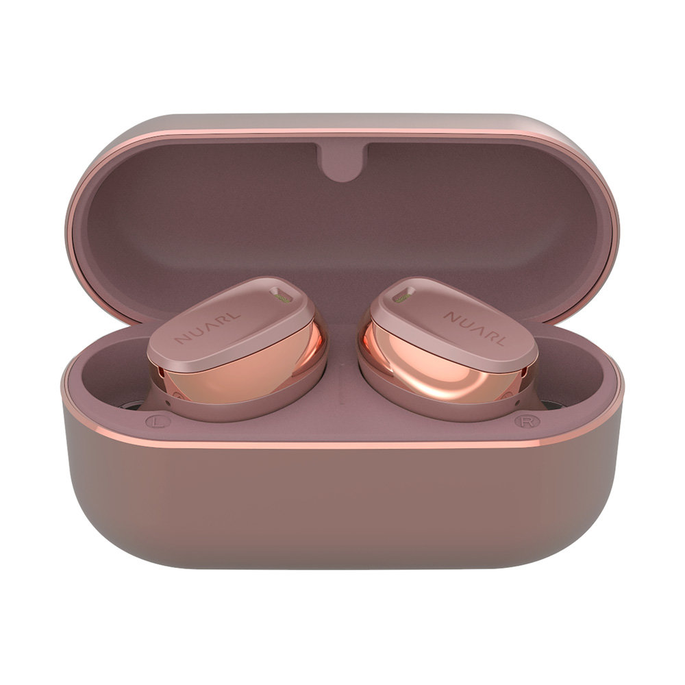 NUARL ヌアール mini3 EARBUDS コンパクト 完全ワイヤレスイヤホン MINI3-RG （ローズゴールド） 充電ケースにセットした状態