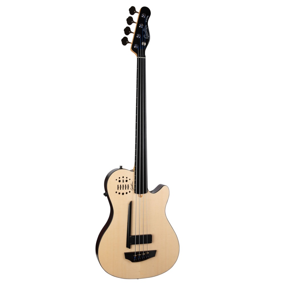Godin ゴダン A4 Ultra Natural Fretless A/E エレクトリック セミアコースティックベース 斜めアングル画像