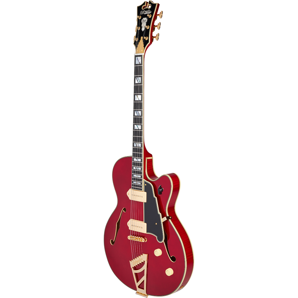 D’Angelico ディアンジェリコ Excel 59 Trans Cherry エレキギター フルアコ 斜めアングル画像