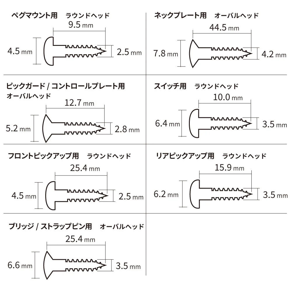 SCUD スカッド MRC-TLSCW-SET テレキャスタータイプ用ビスセット レリック仕様 サイズ図画像
