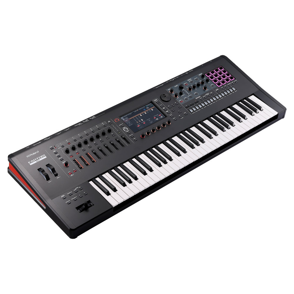 シンセサイザー ローランド ROLAND FANTOM-6EX MUSIC WORKSTATION キーボード 61鍵盤 セミウェイテッド ファントム 左サイドからのアングル