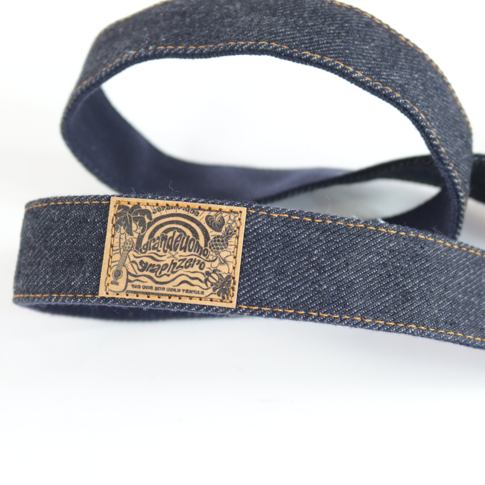 ウクレレストラップ Grande uomo グランデウオモ 左綾織(ひだりあやおり) デニム ウクレレ ストラップ ロゴ画像