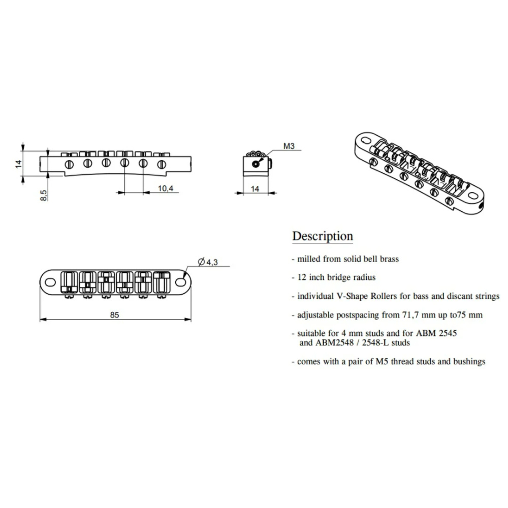 ABM エービーエム ABM 2400n-RO ローラーサドル ナッシュビルブリッジセット インチ規格 ニッケル ギターパーツ サイズ図画像