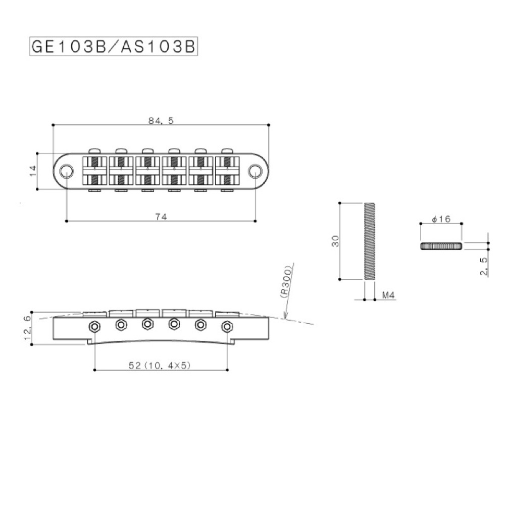 ゴトー GOTOH GE103B-C ギター用ブリッジ クローム サイズ詳細