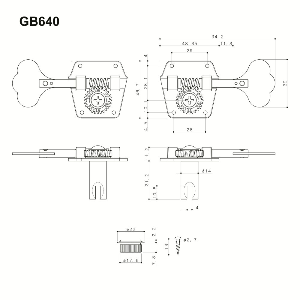 ゴトー GOTOH GB640-L4-Nickel ベース用ペグ サイズ詳細