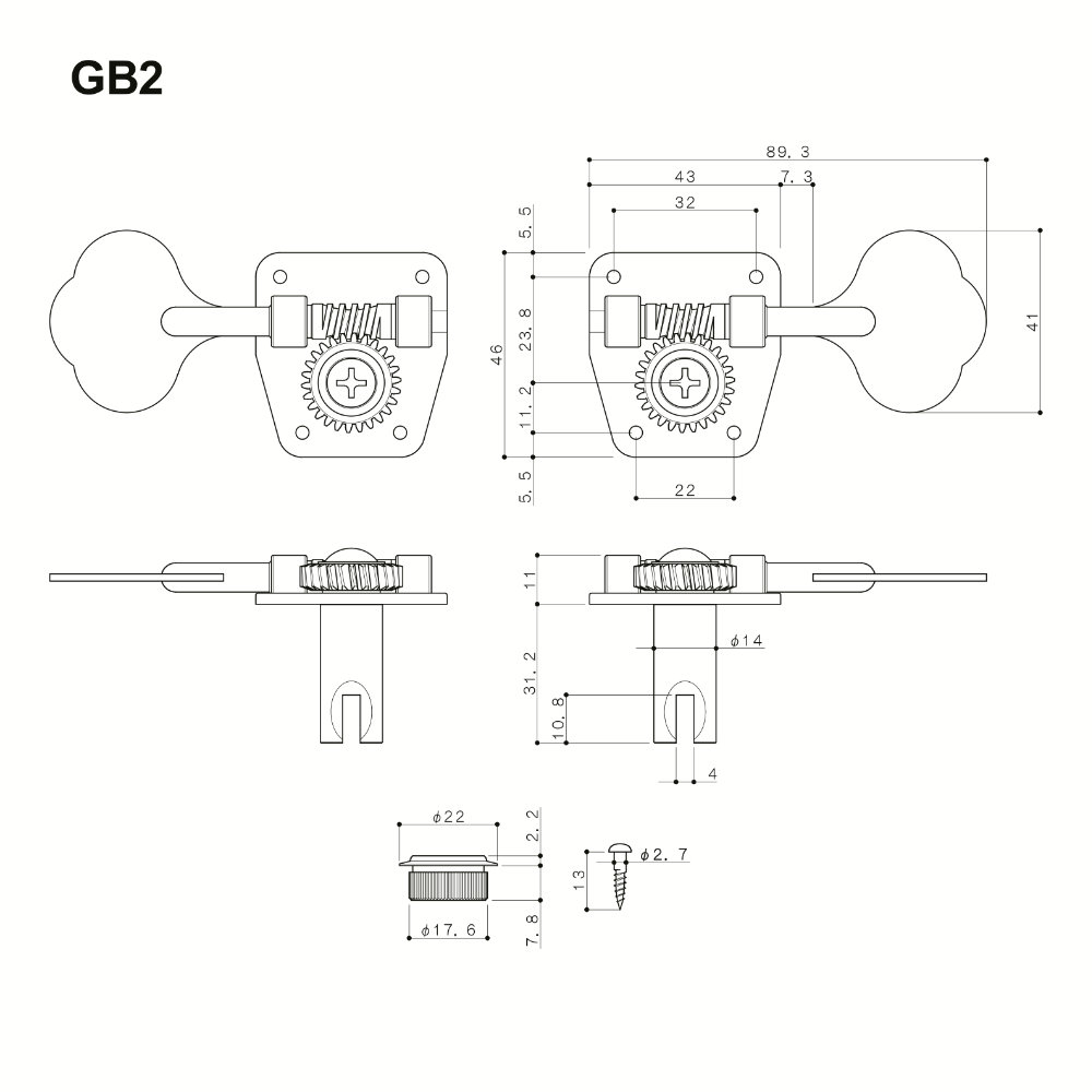 ゴトー GOTOH GB2-L4-Nickel ベース用ペグ サイズ詳細