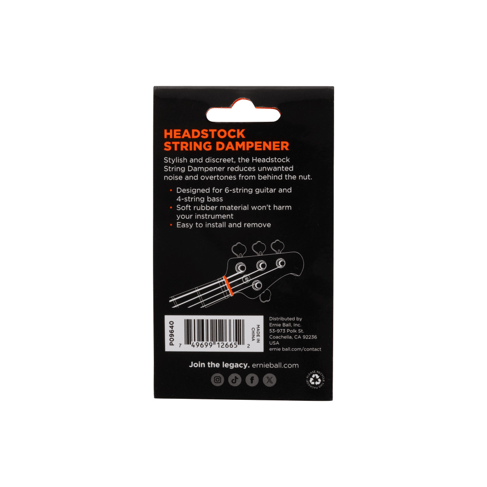 ERNIE BALL 9640 STRING DAMPENER HEADSTOCK P09640 ベースのナット以降の共振を抑制するミュート パッケージ裏画像