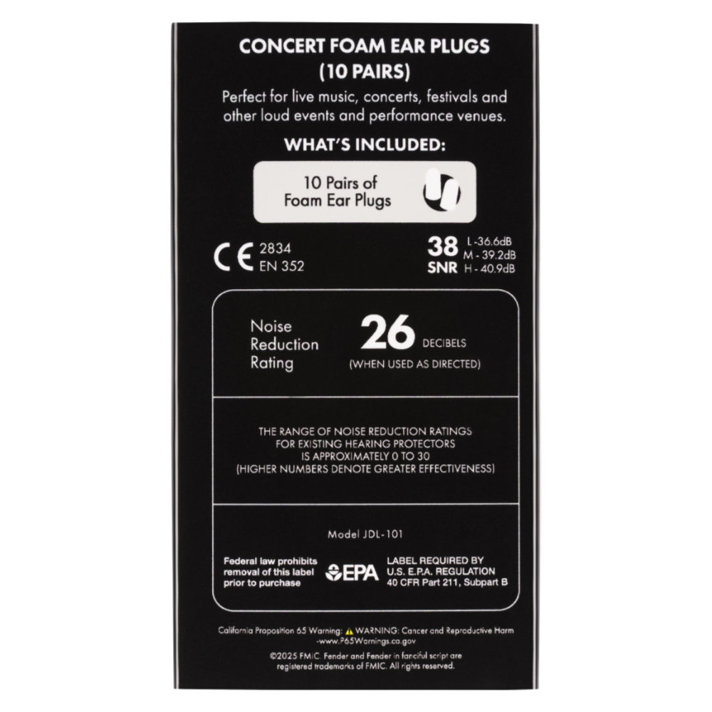 Fender フェンダー Concert Ear Plugs 10 Pair 耳栓 イヤープラグ 10ペア パッケージ裏面画像