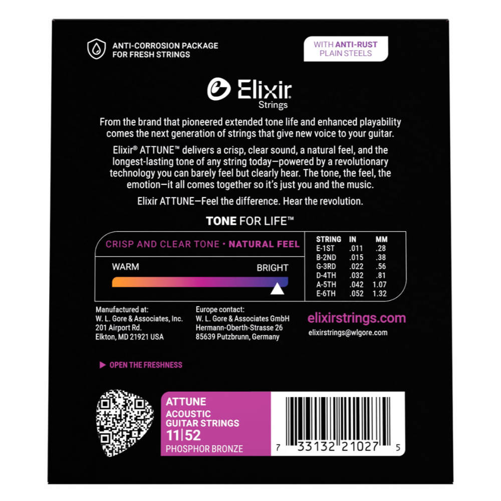 ELIXIR エリクサー 21027 ACOUSTIC ATTUNE 11-52 Phosphor Bronze Custom Light アコースティックギター弦 裏面画像