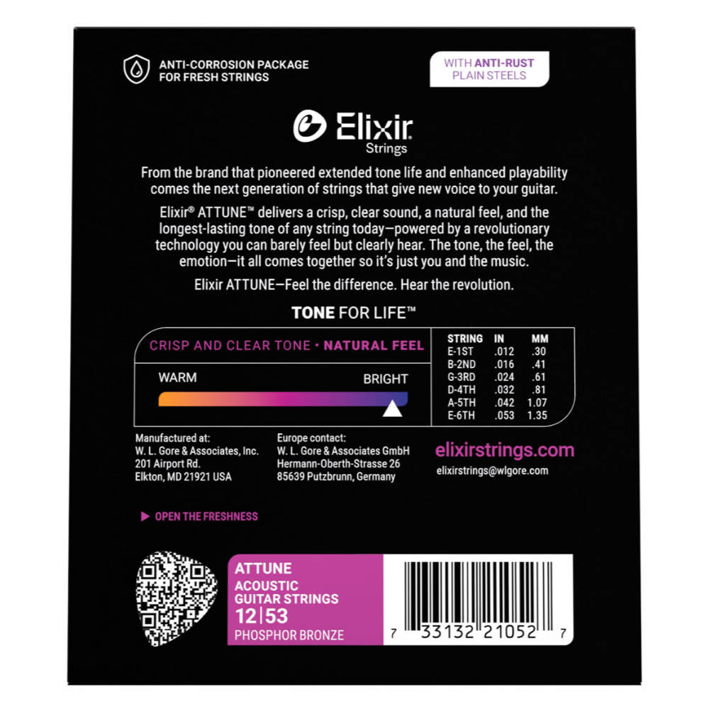 ELIXIR エリクサー 21052 ACOUSTIC ATTUNE 12-53 Phosphor Bronze Light アコースティックギター弦 裏面画像
