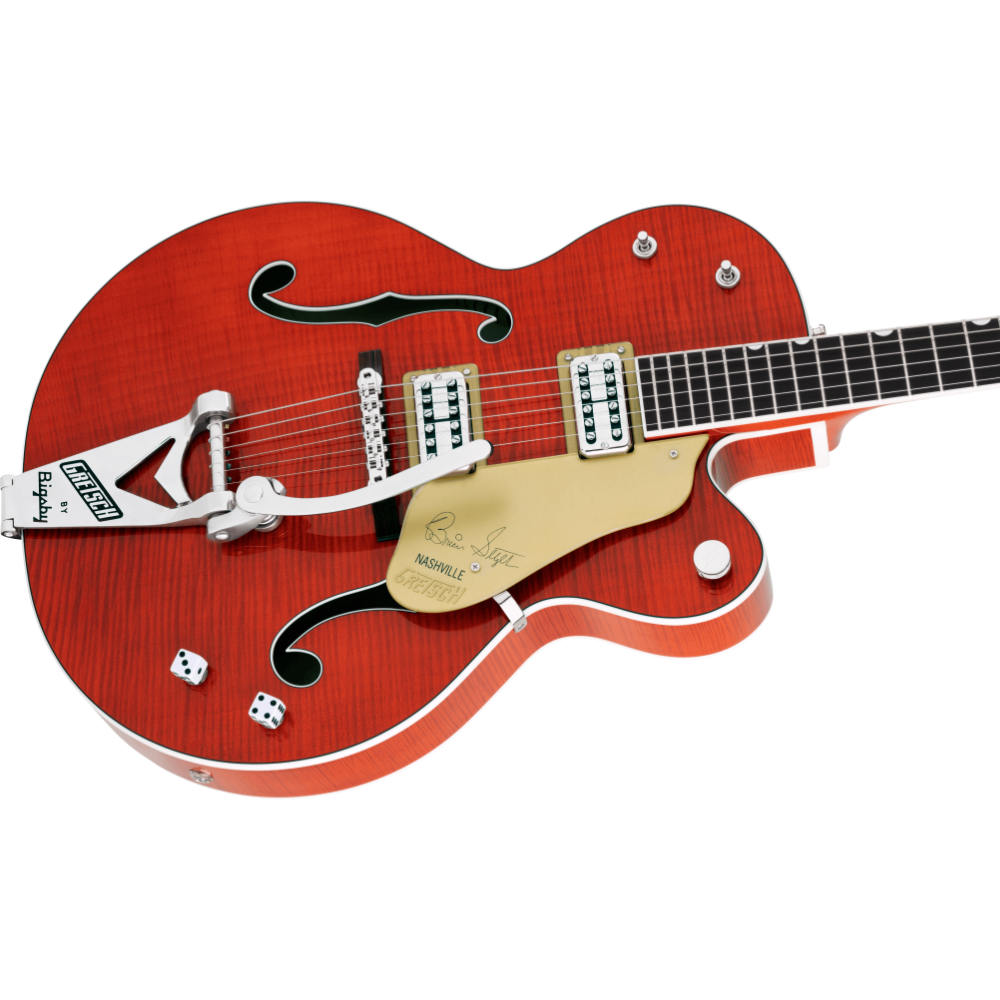 GRETSCH グレッチ G6120TFM-BSNV Brian Setzer Signature Nashville Hollow Body with Bigsby and Flame Maple Orange Stain エレキギター ボディ斜めアングル画像