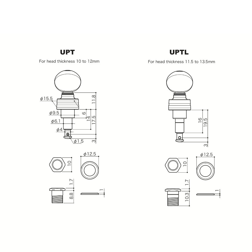 ゴトー GOTOH UPTL-UBN-CW ウクレレ用ペグ クロームホワイト ギアペグ サイズ詳細