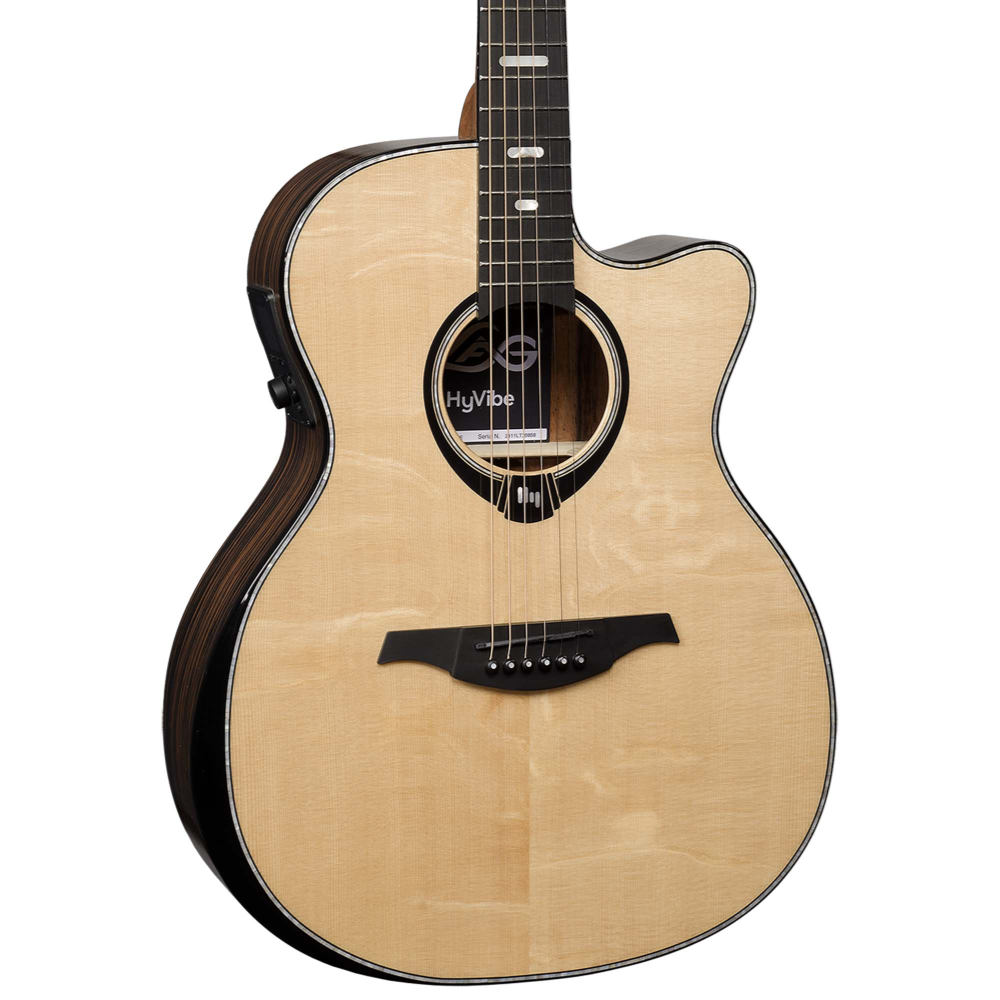 アコースティックギター LAG GUITARS HV50ACE NEW HYVIBEシリーズ スマートギター オーディトリアムサイズ マッカーサーエボニーバック＆サイド ボディ左斜め画像