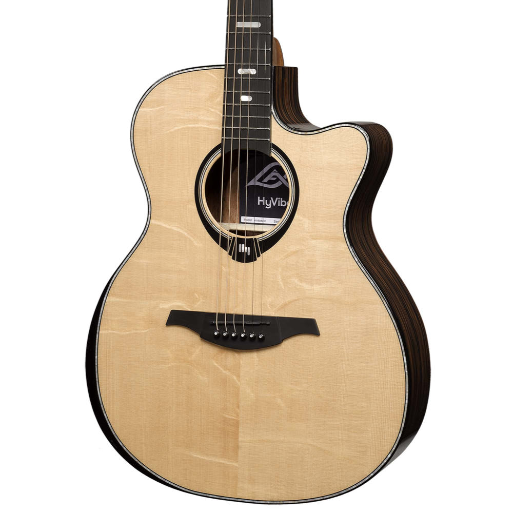 アコースティックギター LAG GUITARS HV50ACE NEW HYVIBEシリーズ スマートギター オーディトリアムサイズ マッカーサーエボニーバック＆サイド ボディ右斜め画像