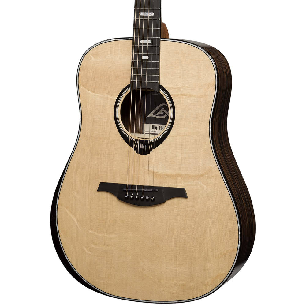 アコースティックギター LAG GUITARS HV50DE NEW HYVIBEシリーズ スマートギター ドレッドノートサイズ マッカーサーエボニーバック＆サイド ボディ右斜め画像