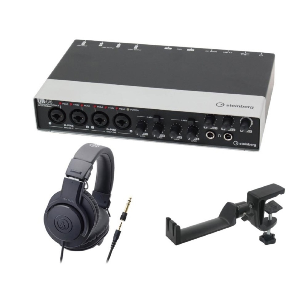 Steinberg UR44 6×4 USBオーディオインターフェース AUDIO-TECHNICA ATH-M20x モニターヘッドホン SEELETON マルチアングル ヘッドホンハンガー 3点セット