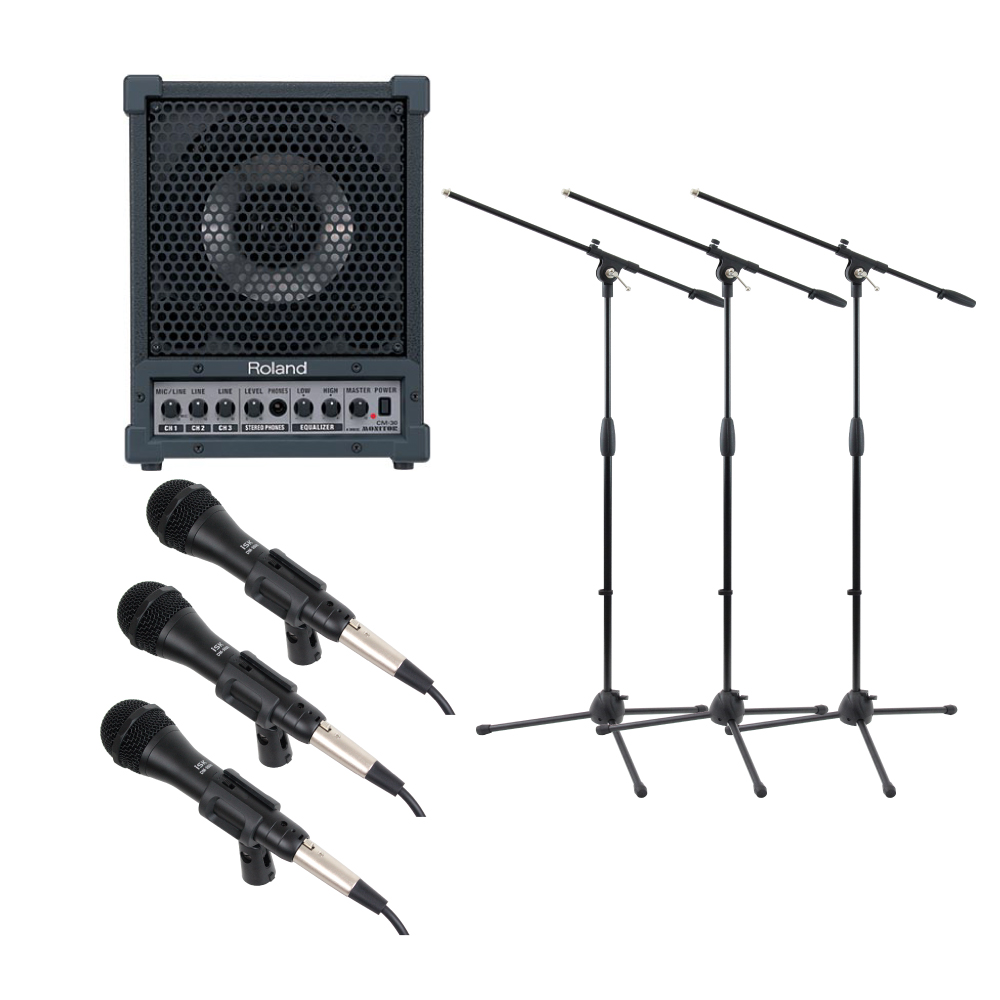 ROLAND CM-30 ポータブルミキシングモニター ダイナミックマイク (3本) マイクスタンド(3本) 簡易PA 7点セット